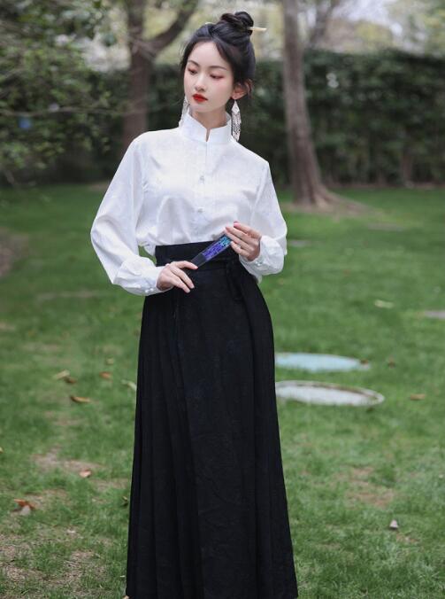 美品中華漢服　中国風シャツ ロング丈スカート　刺繍ロング羽織　黒+白　春秋　漢服唐装　優雅　日常漢服　中国伝統服　刺繍　仮装 変装　シルエット　上品　パーティー　記念撮影　コスチューム