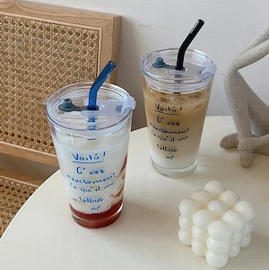 風プリント文字ストローカップコーヒーミルクティーコールドドリンクカップ庭用蓋付きガラス製ウォーターカップ