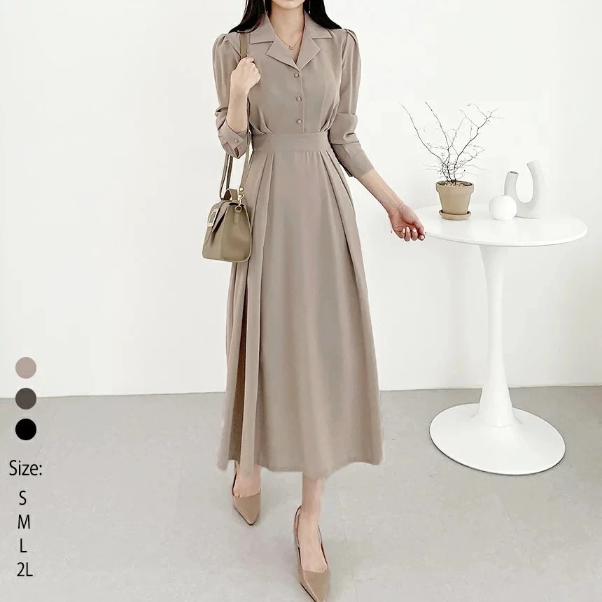 長袖ワンピースシャツワンピースロングワンピースレディース春秋冬秋ロング丈無地Aラインギャザーゆったり大きいサイズ体型カバーきれいめおしゃれ通勤入園式卒業式デザインフォーマルお出かけ