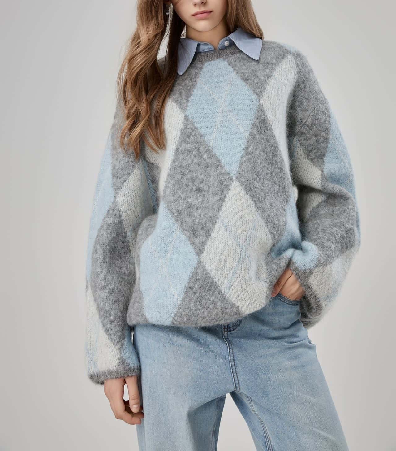 2024新作南アフリカ産 モヘア マルベリーシルク アーガイル柄 レディース セーター 長袖 オーバーサイズ 秋冬 カジュアル トップス グレー ブラウン フリーサイズ 体型カバー レトロLPIUTY