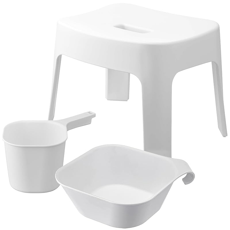 山崎実業(Yamazaki) マグネット風呂イス 座面高25cm + マグネット&引っ掛け湯おけ + マグネット手おけ 【3点セット】 tower お風呂 バスルーム 浮かせる収納 ホワイト 6925