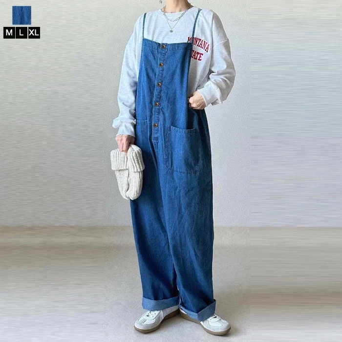 最終在庫サロペット パンツ レディース 秋 オーバーオール 大きいサイズ デニムマキシパンツ 夏 体型カバー Vネック オールインワン ファッション デニムパンツ レイヤード 重ね着 ミディ