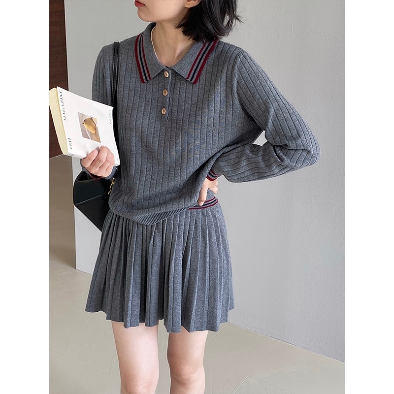 jiangzuo Miu スーツ 羊毛100 ポロカラー カレッジスタイル 長袖セーター+プリーツスカート 53531