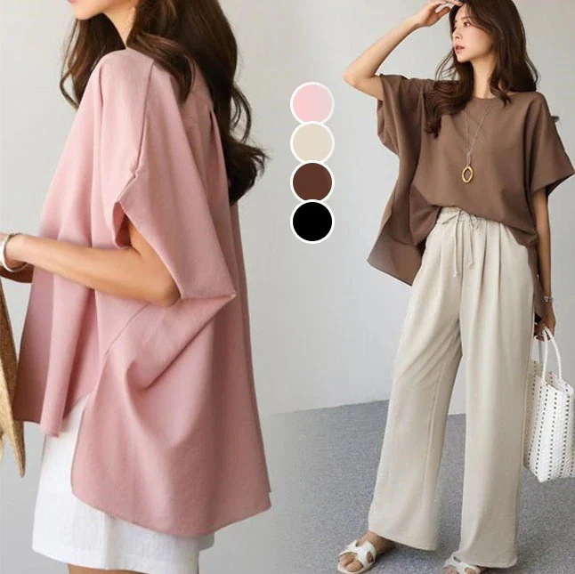 【20点セット】【急速出荷】ドルマリン Tシャツ カットソー サイドスリット 大人カジュアル シンプル 体型カバー トップス レディース 韓国ファッション 2025春夏新作