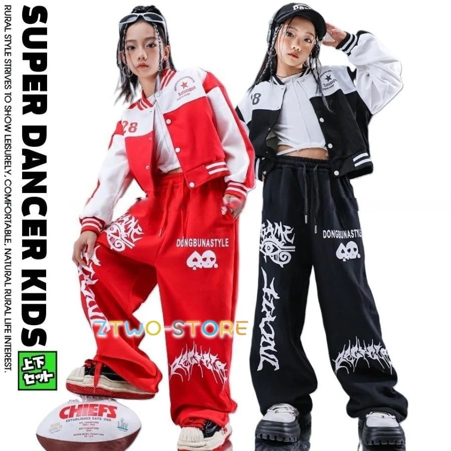 新しいダンスウェア キッズダンス衣装 セットアップ ガールズ ヒップホップ 衣装 赤 黒 ショー丈 スタジャン スウェットパンツ 派手 K-POP 韓国2つの方がお得です