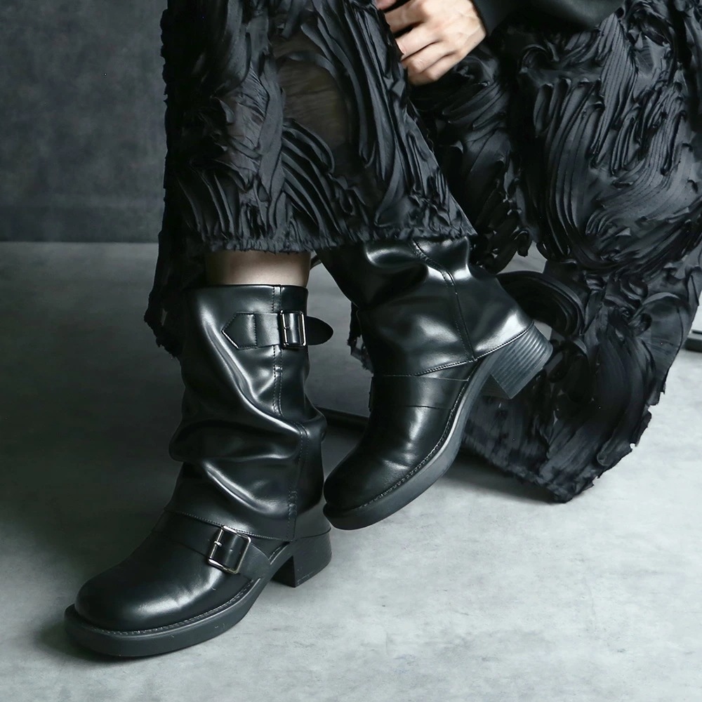 ブーツ 靴 レディース エンジニアブーツ 低反発 軽量 ルーズ レッグカバー風 ミドルブーツ ローヒール 5cmヒール ラウンドトゥ おしゃれ 痛くない 歩きやすい 靴 柔らかい 合皮 秋 冬 20代