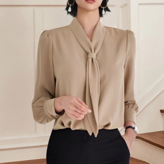 シフォンシャツ レディース シャツ タイ 無地 トップス 長袖 袖あり S M L フレンチ アプリコット サテン Vネック 通勤 通学 学生 社会人 OLシャツ きれい 大人可愛い 6,906円