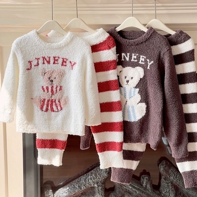 日系親子ふわふわ半角ベパジャマ子供秋冬クマ厚め保温ルームウェア