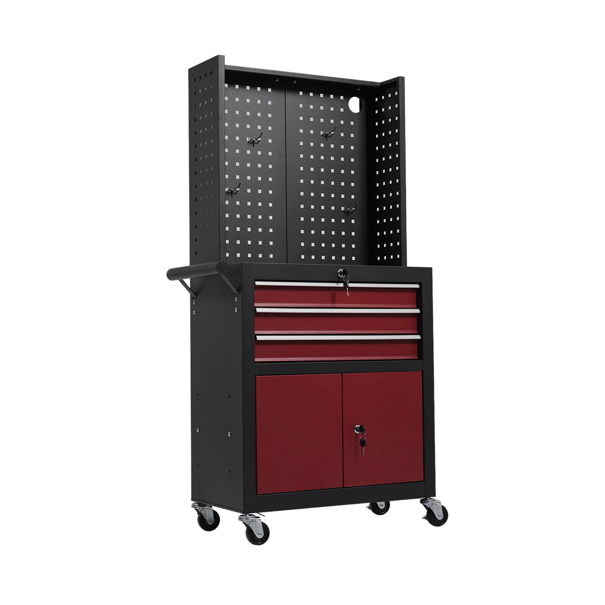 2054ツールキャビネット 多機能 ツールワゴン ツールカート工具カート ロールキャビネット スチール ローラーキャビネット ハンドル 耐荷重50KG フック付 DIY 引き出し 有孔ボード付き 鍵付