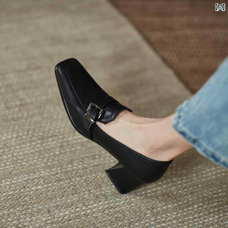 ローファー レディース オフィス 通勤 仕事 フレンチ ブリ ティッシュ レトロ 太い ヒール スクエアトゥ ベルトバックル シングル シューズ エレガント オフ ホワイト 深口 シングル シューズ