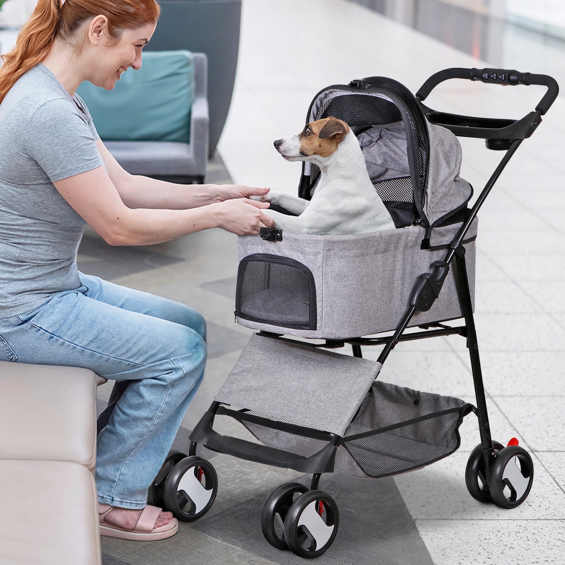 4輪 ペットカート 2way バスケット 取り外し 分離式 小型犬 多頭飼い 折りたたみ 軽量 ドッグカート ペットキャリー 折り畳み 犬 猫 折りたたみ グレー