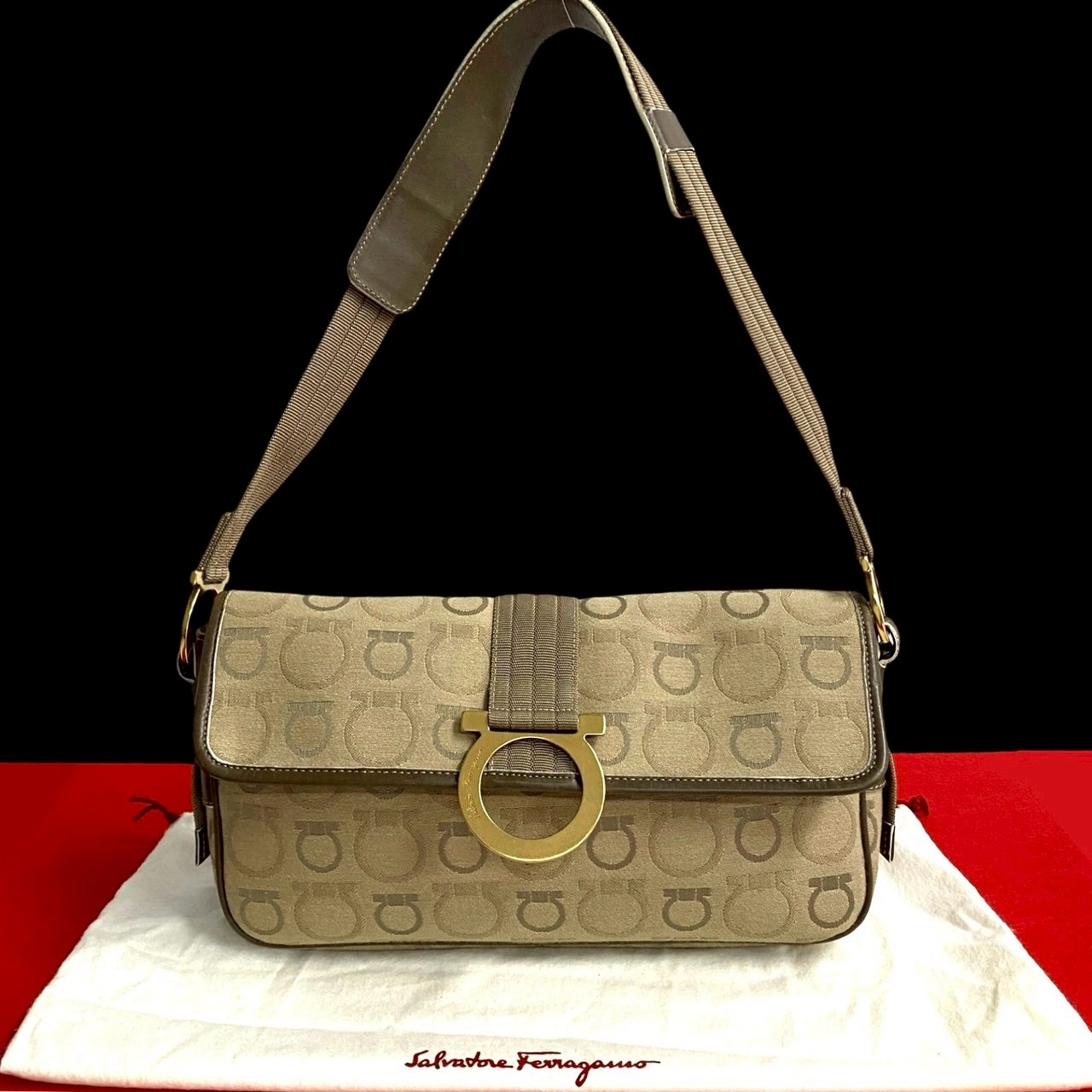 ガンチーニ 金具 総柄ショルダーバッグ キャンバス レザー ブラウン 80572