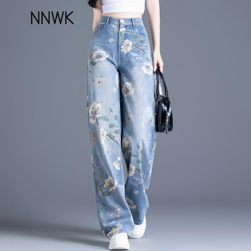 デニム パンツ ボトムス レディース プリント ジーンズ 春秋 ワイドパンツ ストレート ハイウエスト 青 花柄
