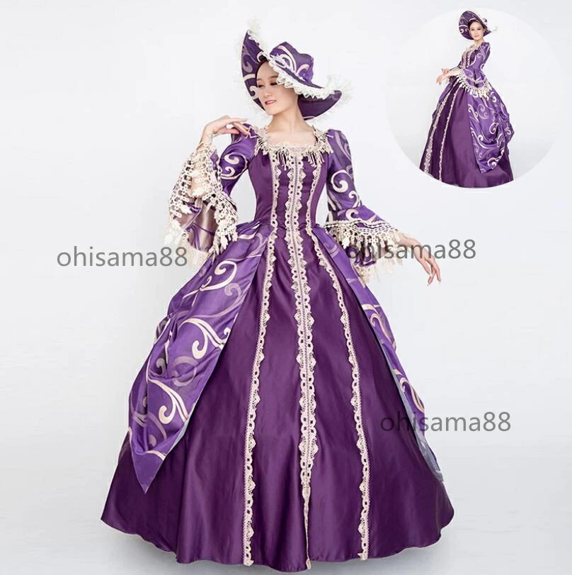 数量限定貴婦人ドレス ヨーロッパ風ドレス 華やか 宮廷ドレス フレア袖 貴族ドレス オペラ声楽 演劇 プリンセスドレス 高級感 ステージ衣装 文化祭 学園祭 お姫様ワンピース 可愛い ロングドレス 舞