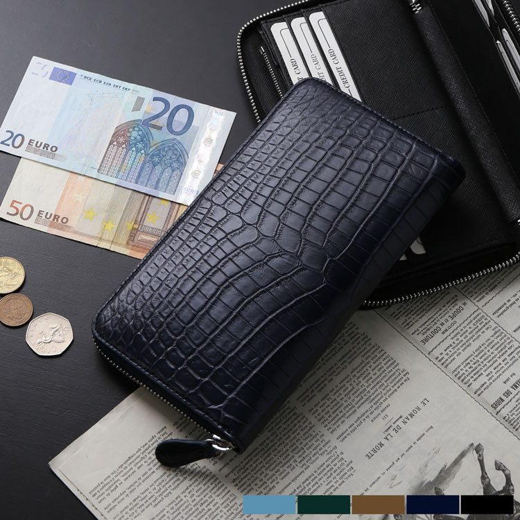 クロコダイル メンズ 長財布 手帳型 マット 加工 ナイルクロコダイル センター取り 一枚革 ラウンド ファスナー フルオープン 大きめ 財布 本革 鰐革 プレゼント ギフト (06001712-me