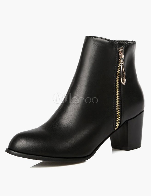 品質アーモンドトゥチャンキーヒールジッパーAbkleブーツ