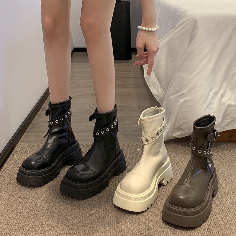 モカシン 24 ブーツ 厚底シューズ ブラック ショットブーツ レディース シューズ レトロ ハイヒール ファッション 婦人靴 4,840円