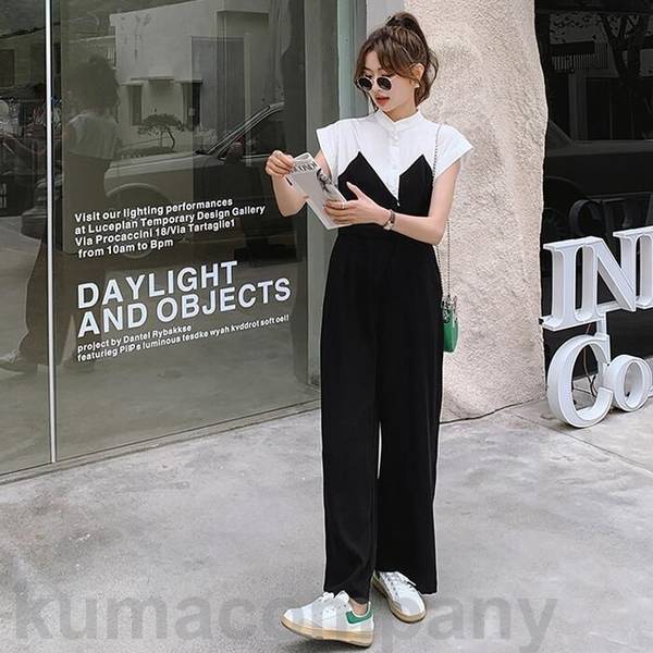 オールインワン サロペット レイヤード風 ワンピース パンツ レディース きれいめ カジュアル 半袖 おしゃれ 大人 可愛い フェミニン 切替 アシンメトリー ゆったり 体型カバー 韓国 ブラック 黒