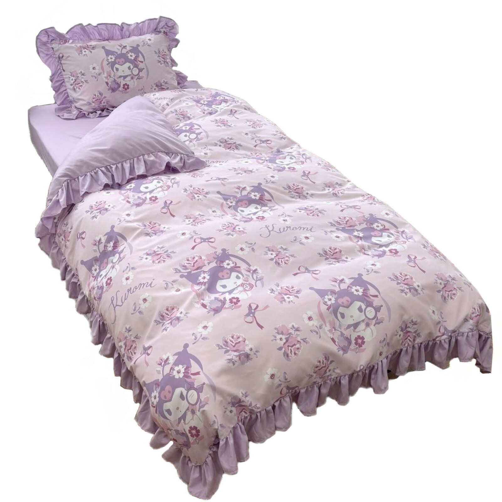 布団カバー 3点セット クロミ フリル 総柄 シングル 掛け布団カバー ボックスシーツ 枕カバー 寝具 掛布団カバー 洗える 敷き布団カバー ピーチスキン加工 オールシーズン サンリオ SANR