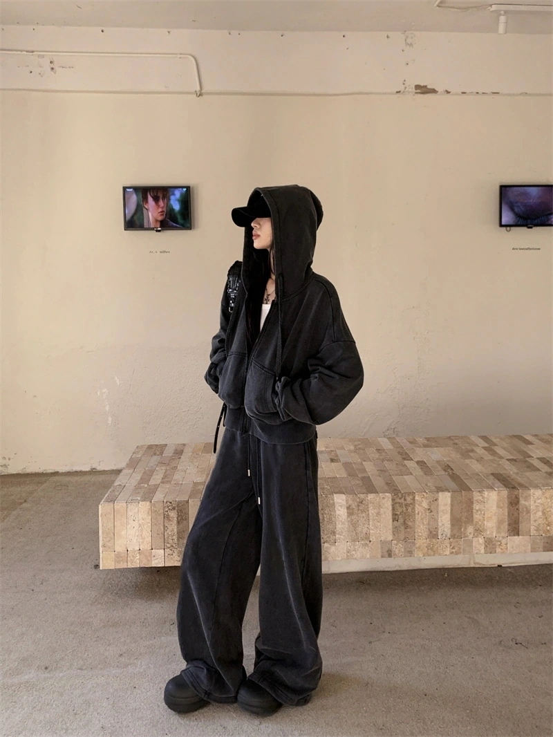 【急速出荷!】2024 秋冬 韓国風 かわいい レディース 無地 フード付き長袖アウターレトロセット黑白フーディーブルサイズ丈トップス春カジュアルスポーツファッション系通学学生加工袖お出かけアップシル