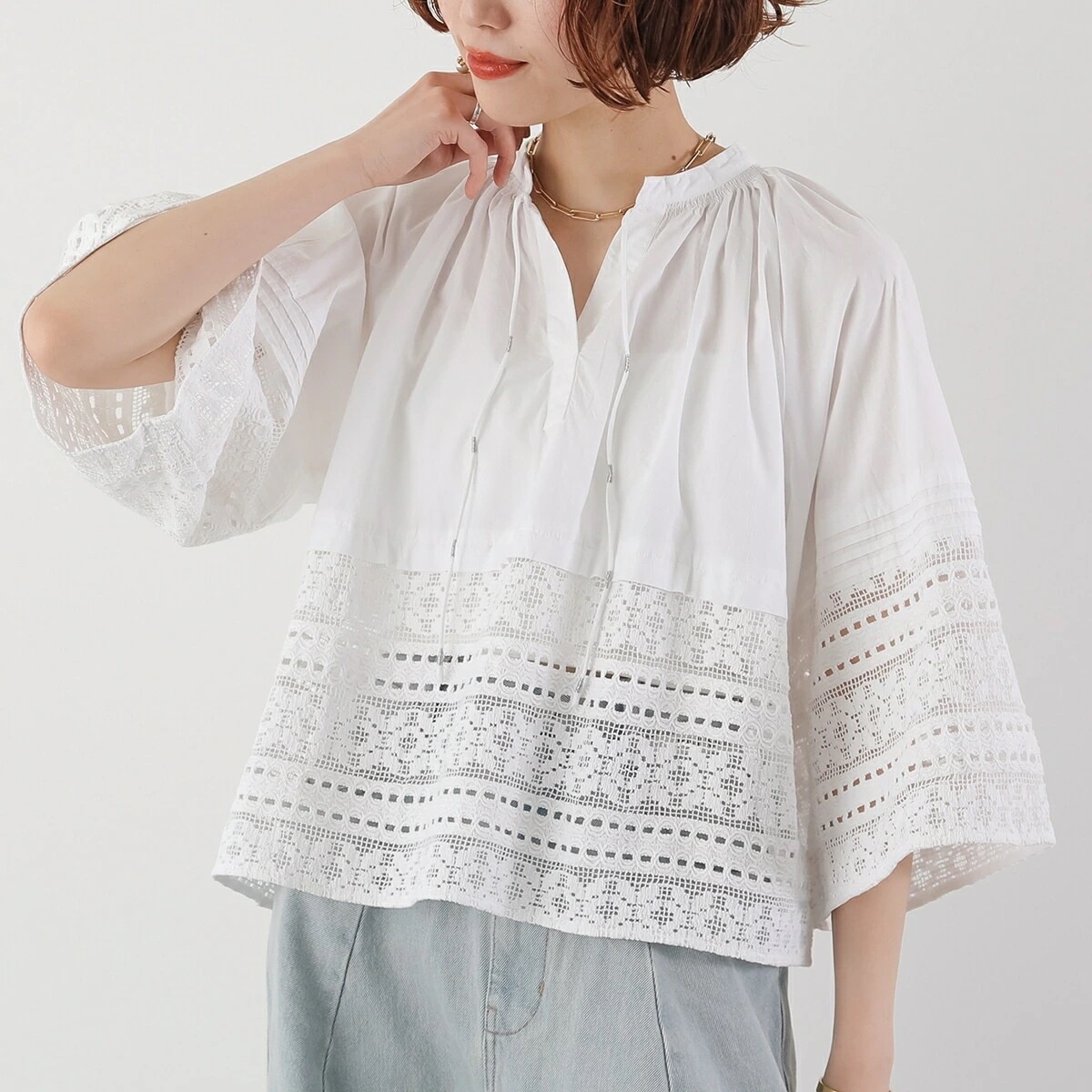 Sara mallika サラマリカ ブラウス Cotton Border Gather Lace Top 020151SP5 レディース コットン スキッパー クロシェ レース 刺繍 7分袖 WHI