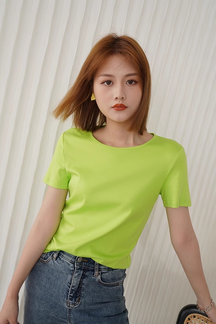 グリーン トップス シルケットコットン ラウンドネック 半袖T 洗濯機で洗える 型崩れしにくい 通勤 夏 婦人服 トップス Tシャツ 袖あり 半袖 タイト 細身 かわいい シンプル カジュアル 大人