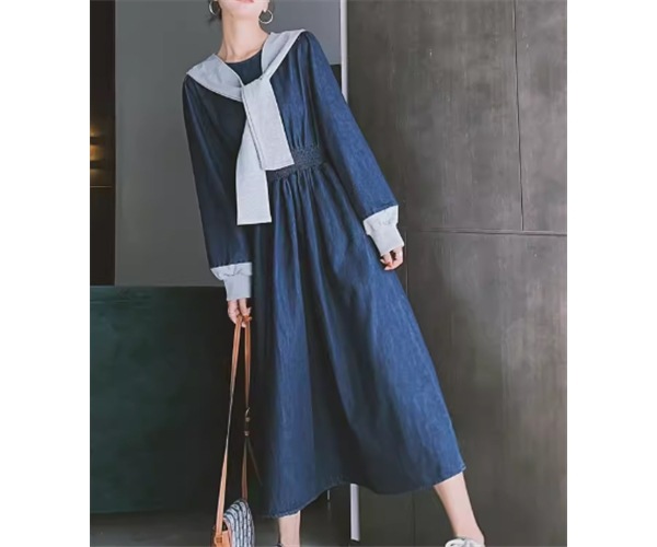 レディース ワンピース プルオーバー ドレス デニム デニムワンピース ロング 長袖 ラウンドネック Aライン プリーツ ポケット ハイウエスト 大人可愛い きれいめ シンプル カジュアル 上品