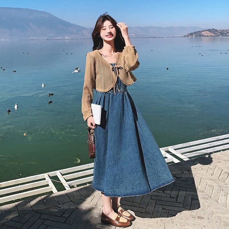 実物 フランス製 ヴィンテージデニムワンピースセット 2024 新作 ホローニット カーディガン ホルターワンピース 2点セット