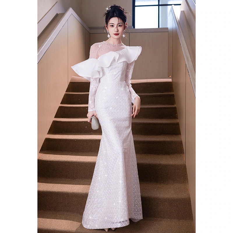 イブニングドレス 女性用 宴会 ニッチ パーティー 司会者 長袖 フィッシュテール