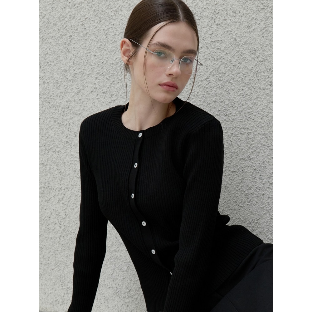 ouie パッド入りオーバルネックカーディガンブラック OU1334