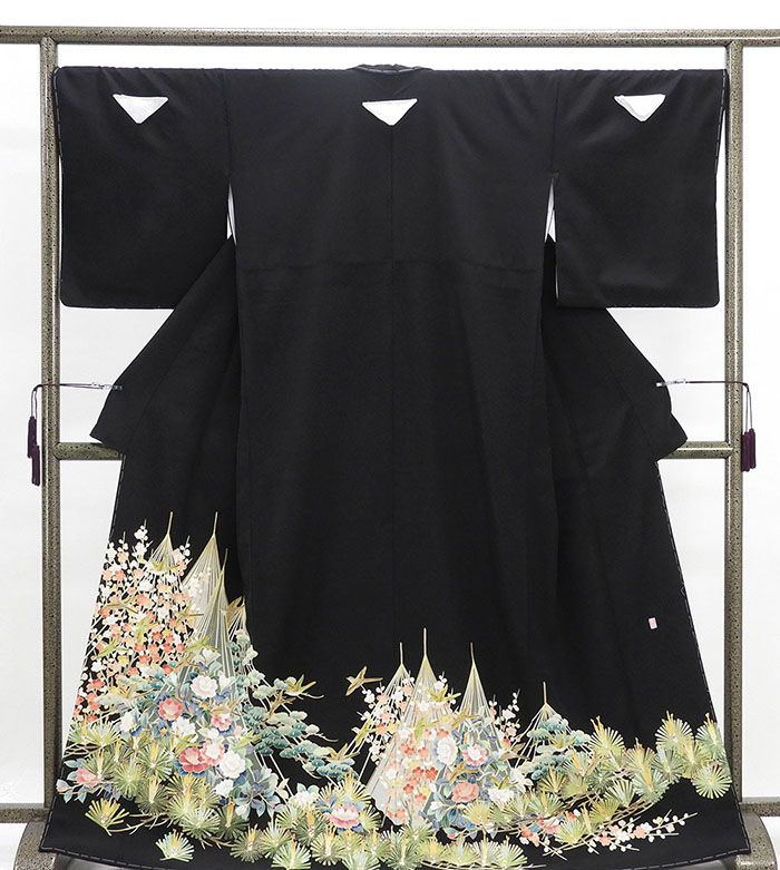 留袖 新品仕立済 正絹 花鳥雪吊り模様 紋入れ代込み 黒留袖 身丈164.5cm 裄丈68cm 着物 フォーマル 結婚式 披露宴 f1103
