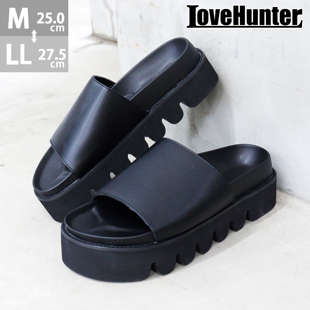 サンダル スライドサンダル つっかけ メンズ シューズ キャタピラーソール 厚底 カジュアル ラフ 合成皮革 履きやすい 春 夏 4cmヒール No.1967 25.0cm-27.5cm 黒 ブラック