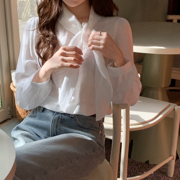 （タイポイント／ほのかな光沢）リボンタイ 長袖ブラウス bs8471