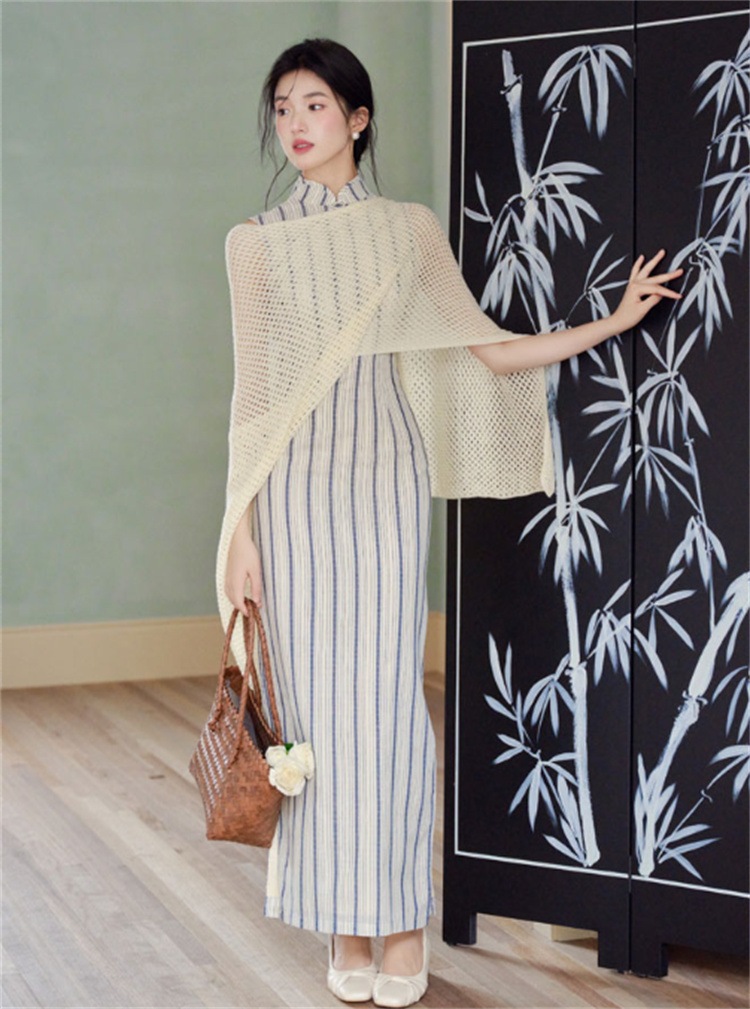 激安セール 改良旗袍風 夏用ストライプ ロングワンピース マント付きツーピース 柔らかな印象