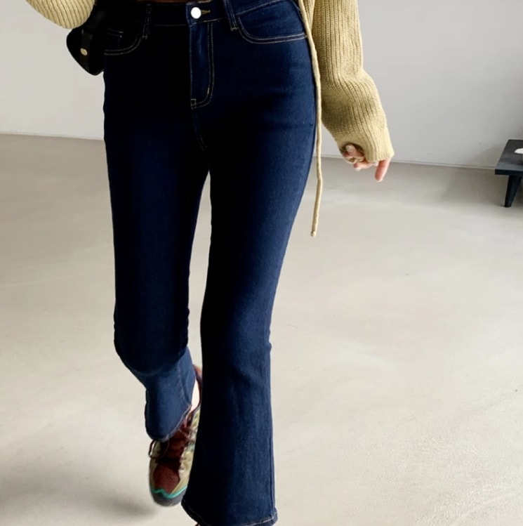 ネイビーカラーデニム クロップド丈デニム レディース パンツ ボトムス デニム Gパン ロングパンツ デニムパンツ クロップドスカート 7分丈 タイト スリム ストレート Iライン 裾ワイド