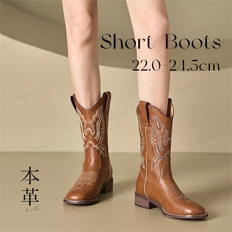 本革 牛革 ウエスタンブーツ レディース 刺繍入り ブーツ 秋冬 ロング 革 ブーツ レトロ カウボーイファッション ブラウン ウエスタン 太めヒール 歩きやすい 痛くない 靴 通学 通勤 秋冬 4c
