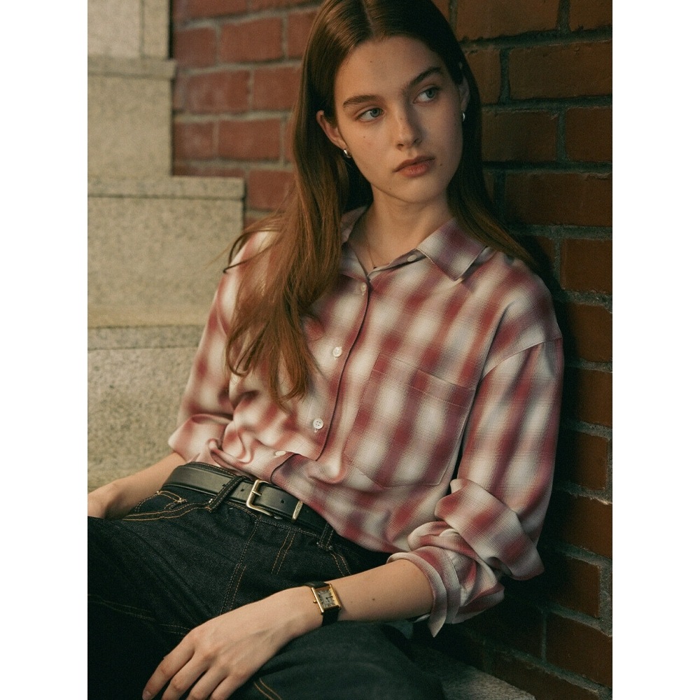 TILLIDIE マイルドチェックシルキーシャツワイン