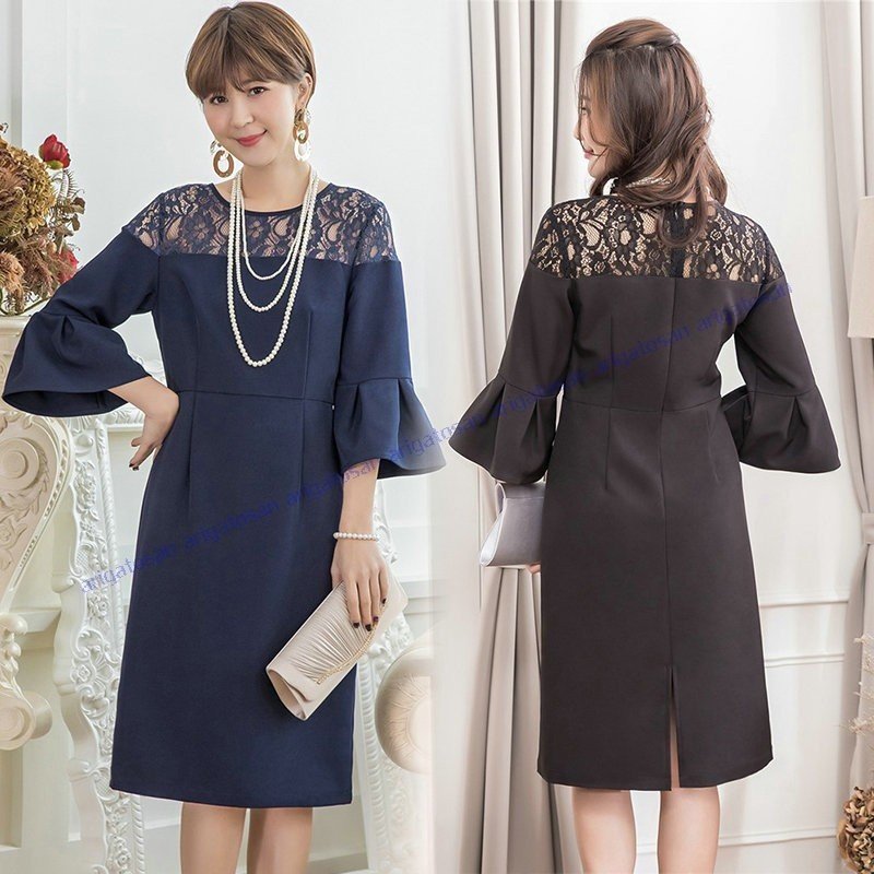 ワンピース ドレス 結婚式 パーティードレス お呼ばれ ベルスリーブ 大きいサイズ 披露宴 膝丈ワンピース レディース フォーマル ミディアム丈 着痩せ