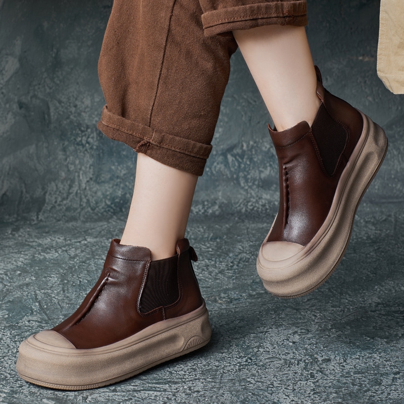 秋冬新作 手作りレトロ丸型つま先厚底ショートブーツ カジュアルニッチチェルシーブーツ イギリス風ハイカットレディースブーツ