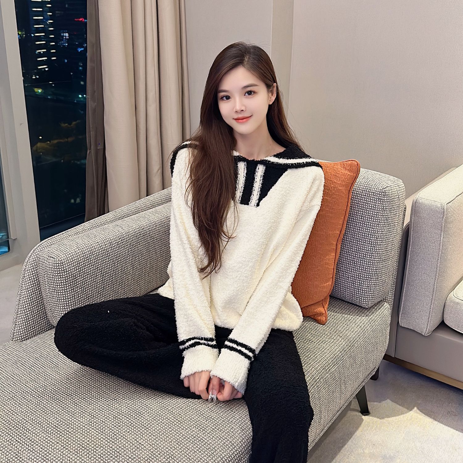 2024秋冬開襟学院風半纏パジャマ女ふわふわ厚手保温可外着部屋着女