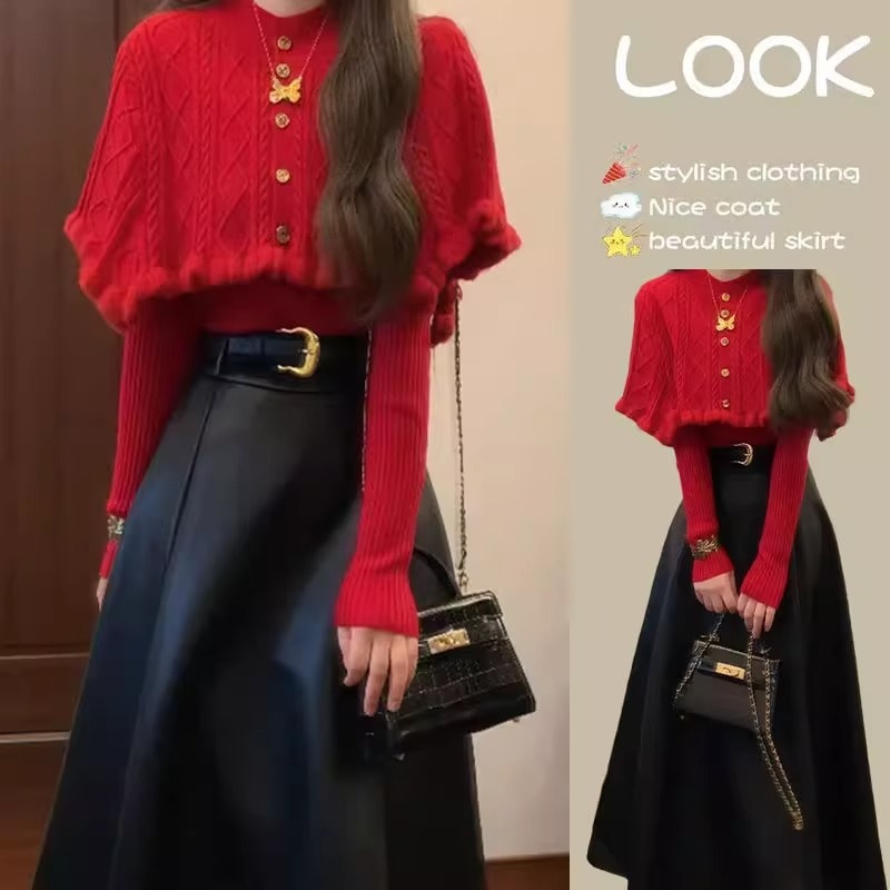 冬のロイヤルガールスタイル新しい甘いホットガールニューイヤーレッドケープショールセータースカートスリーピースセット