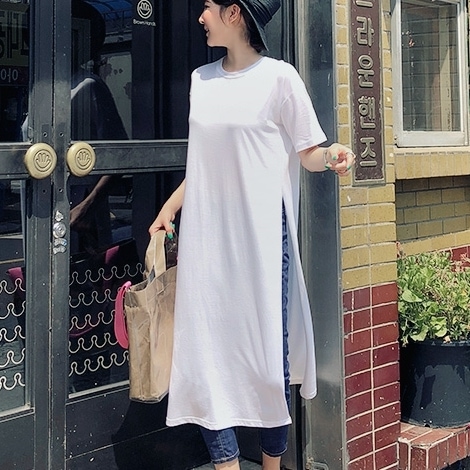 トップス Tシャツ ロングTシャツ 半袖 ラウンドネック サイドスリット プルオーバー ロング丈 かわいい 大人可愛い きれいめ シンプル 上品 おしゃれ かっこいい カジュアル こなれ感 個性的