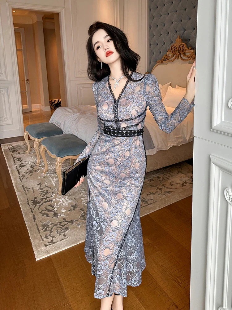 演奏会 披露宴 同窓会 大人 結婚式 ウェディング ロングワンピース Vネック 着痩せ 二次会 パーティードレス 秋冬 卒業式 マーメイド 発表会 レース キャバ 花柄