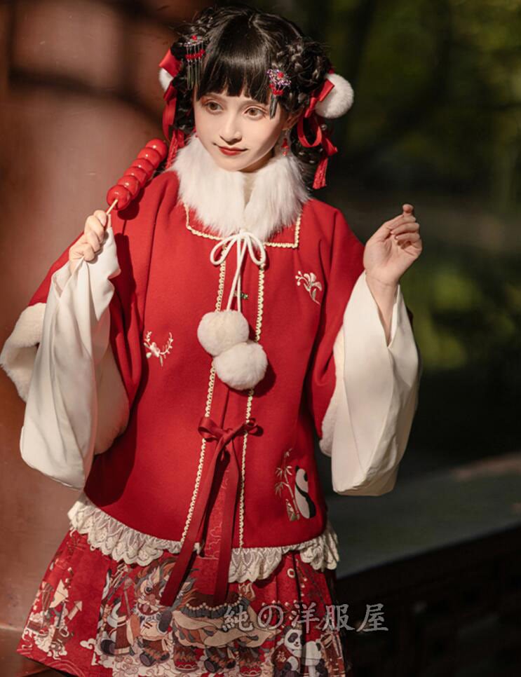 中華服 チャイナ風ロリータ服 可愛い ゴスロリ ロリータドレス 明朝 漢服 チャイナ服 チャイナドレス 秋冬 中国コスプレ衣裳 華流 舞台 ステージ衣裳 長袖ブラウス＋半袖コート＋ミニスカート ファー