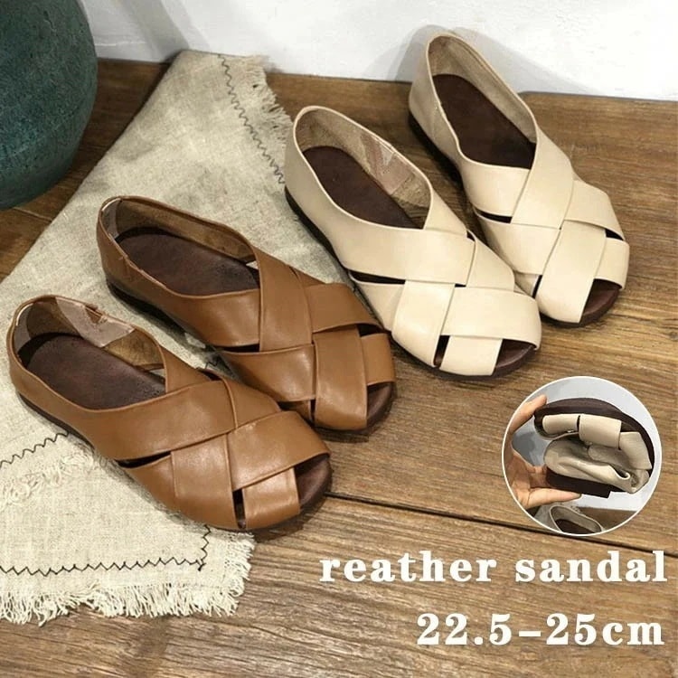 牛革サンダル レディースサンダル フラットシューズ 安定 涼しい 涼感 本革 カジュアル おしゃれ 靴 アプリコット ベージュ ブラウン 歩きやすい 疲れない 柔らかい ローヒール 通勤 通学 フォー