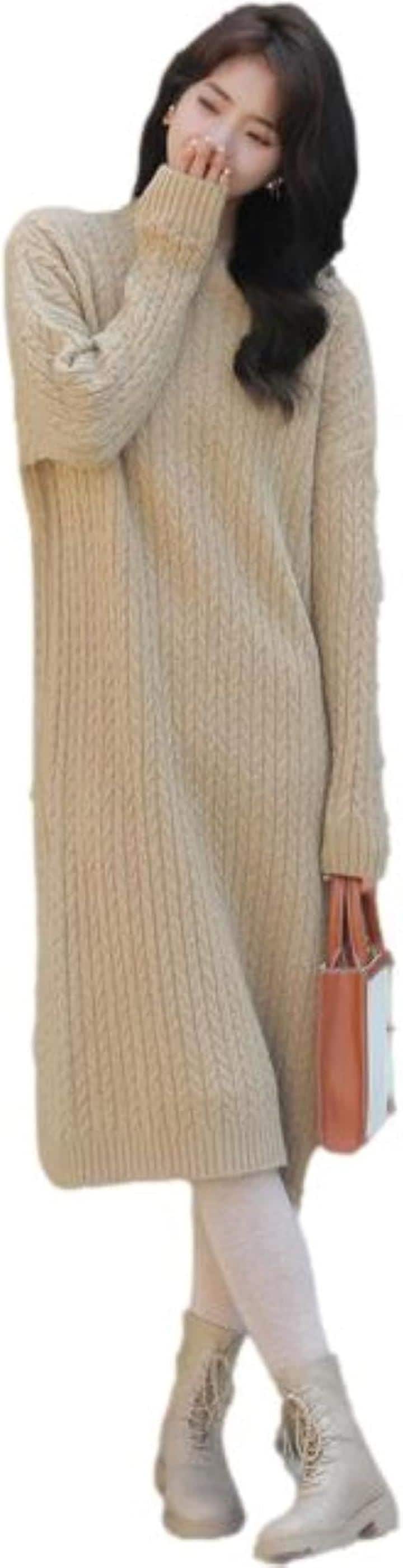 ワンピース レディース ニット ケーブル編み ラウンドネック 膝下丈 長袖 Iライン ゆったり ニットプルオーバー 大人っぽい リッチ シャレ感 シルエット 編み上げ(ベージュ, L)