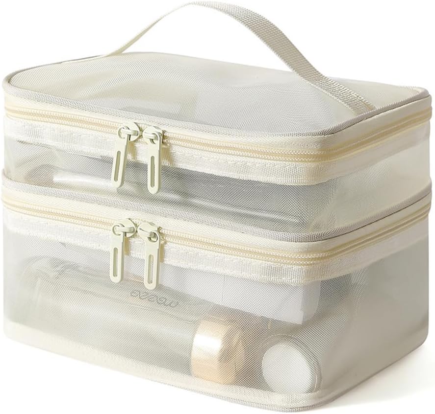 化粧ポーチ トイレタリーバッグ メッシュ 大容量 超軽量 出張 旅行 ベージュ-二層