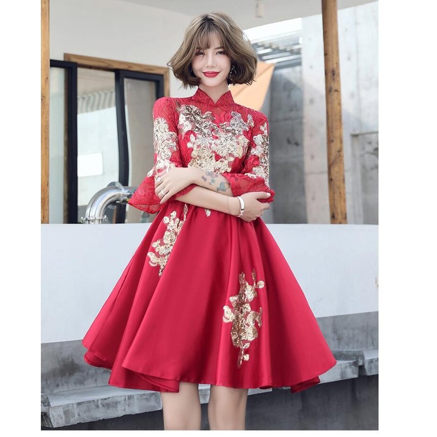 ウエディングドレス aラインワンピース 結婚式 立ち襟 ミモレ丈ドレス パーティードレス 大きいサイ 6,916円