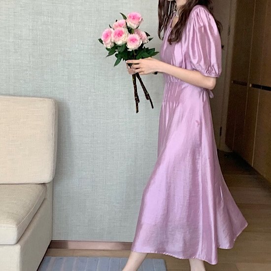 【取寄：納期2週間】結婚式ドレス パフスリーブ フレンチ ラウンドネック ガーリー デコルテ 発表会 演奏会 レディース 結婚式 ステージ衣装 半袖 ロング丈 エレガント ウエディングドレス 6,580円