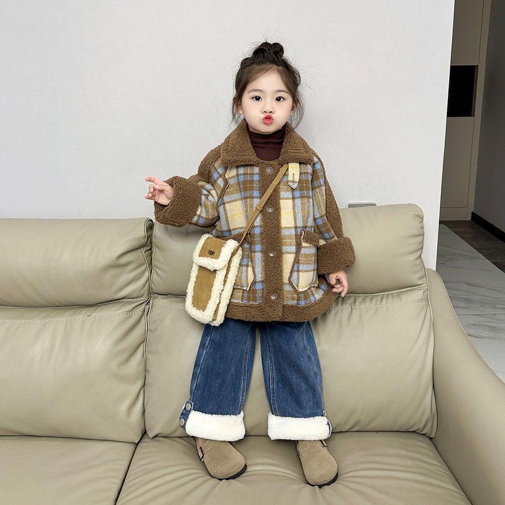 2024秋冬韓国ガールズチェック柄ワンピースベルベットジャケット洋風暖かい子供ベルベットコート82